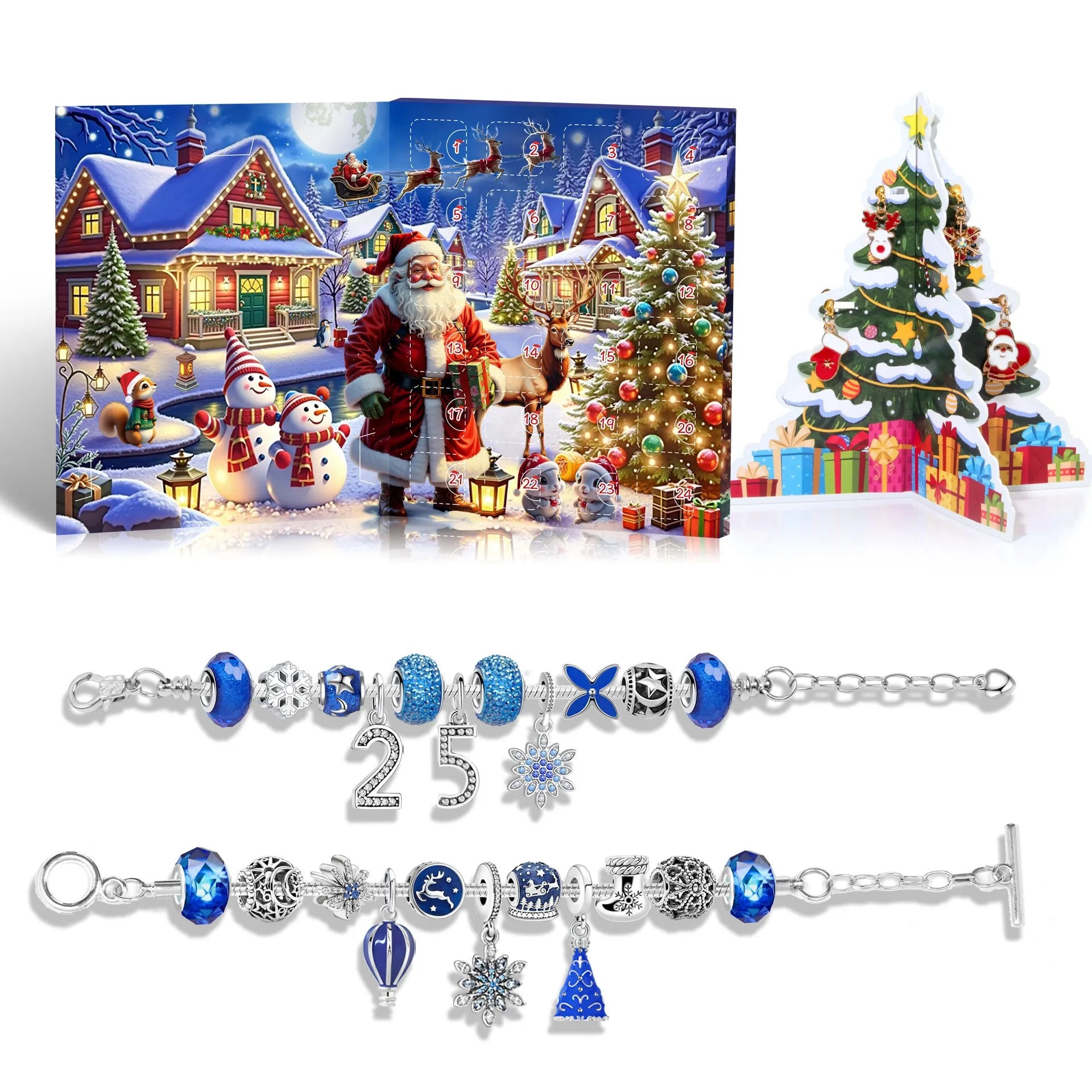 24-grid Christmas advent calendar in flip vertical blue with zinc alloy finish and bracelet blind box