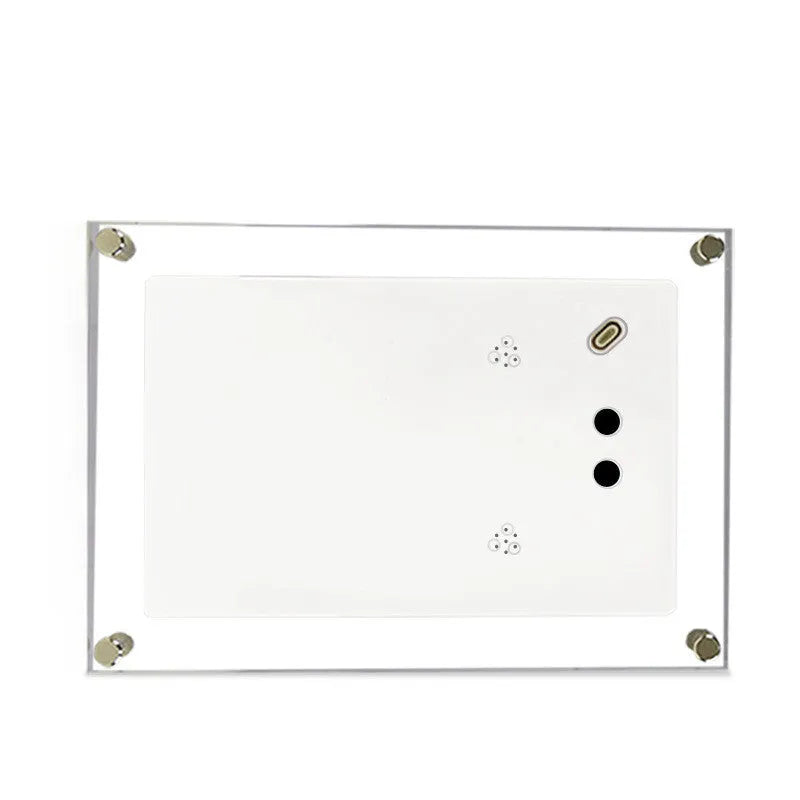 White vertical digital photo frame with 5-inch screen showing family photographs