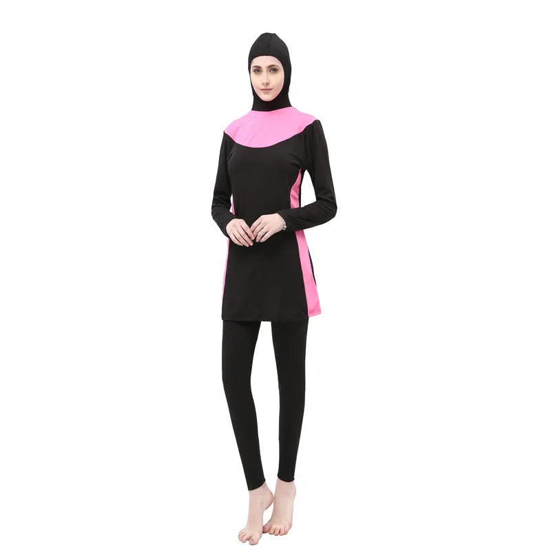 Women's black hooded long sleeve split swimsuit with pants for swimming