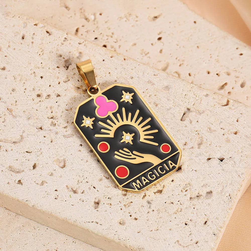 French retro tarot pendant rectangular dripping oil finish 304 stainless steel 2.1 cm