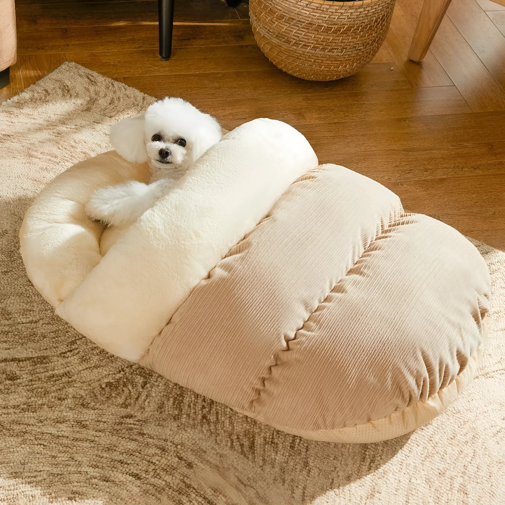 Grey slipper-shaped cat cave bed with plush lining shown both as an enclosed hideout and opened as a flat bed.