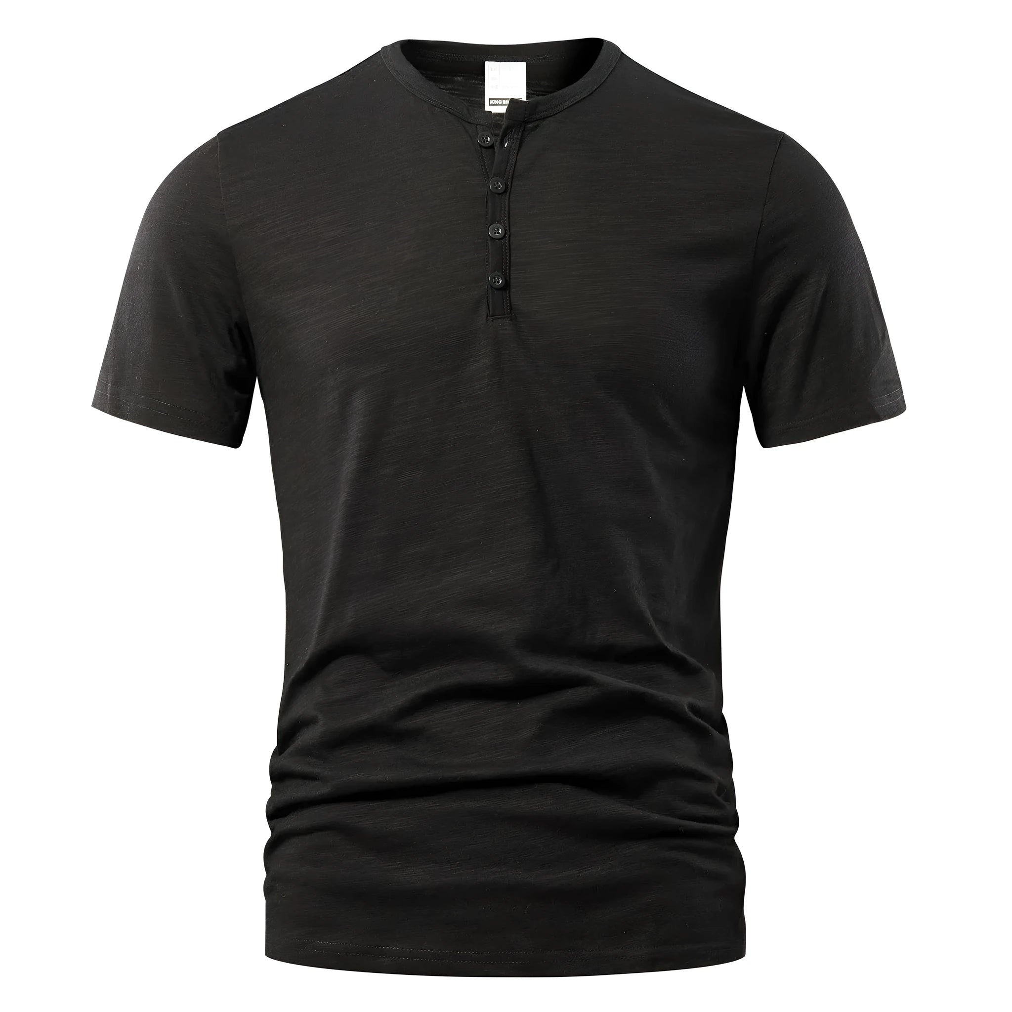 Men's solid colour slub cotton short sleeve T-shirt on a hanger, showcasing its texture and classic British style.