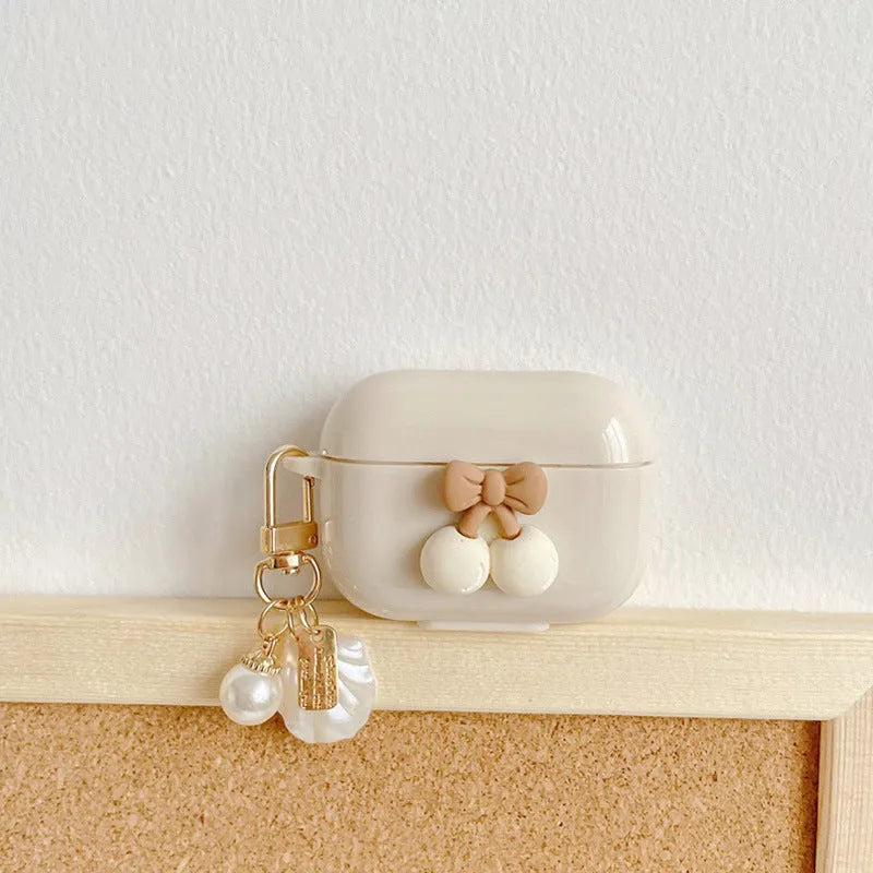 Pearl solid colour TPU earphone sleeve for AirPods with cherry apricot ribbon shell pendant