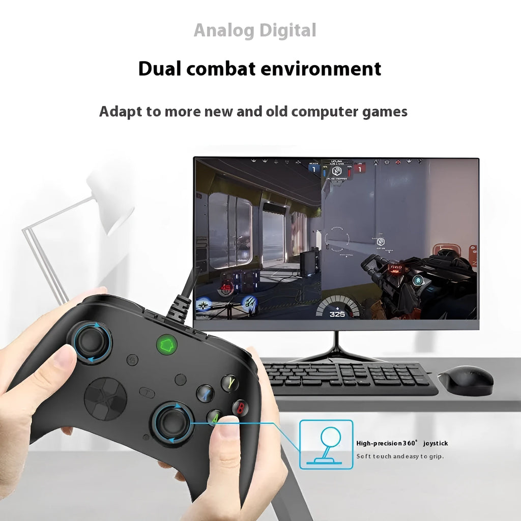 Wired game console controller handle in black with ABS construction and USB cable for PC and PS