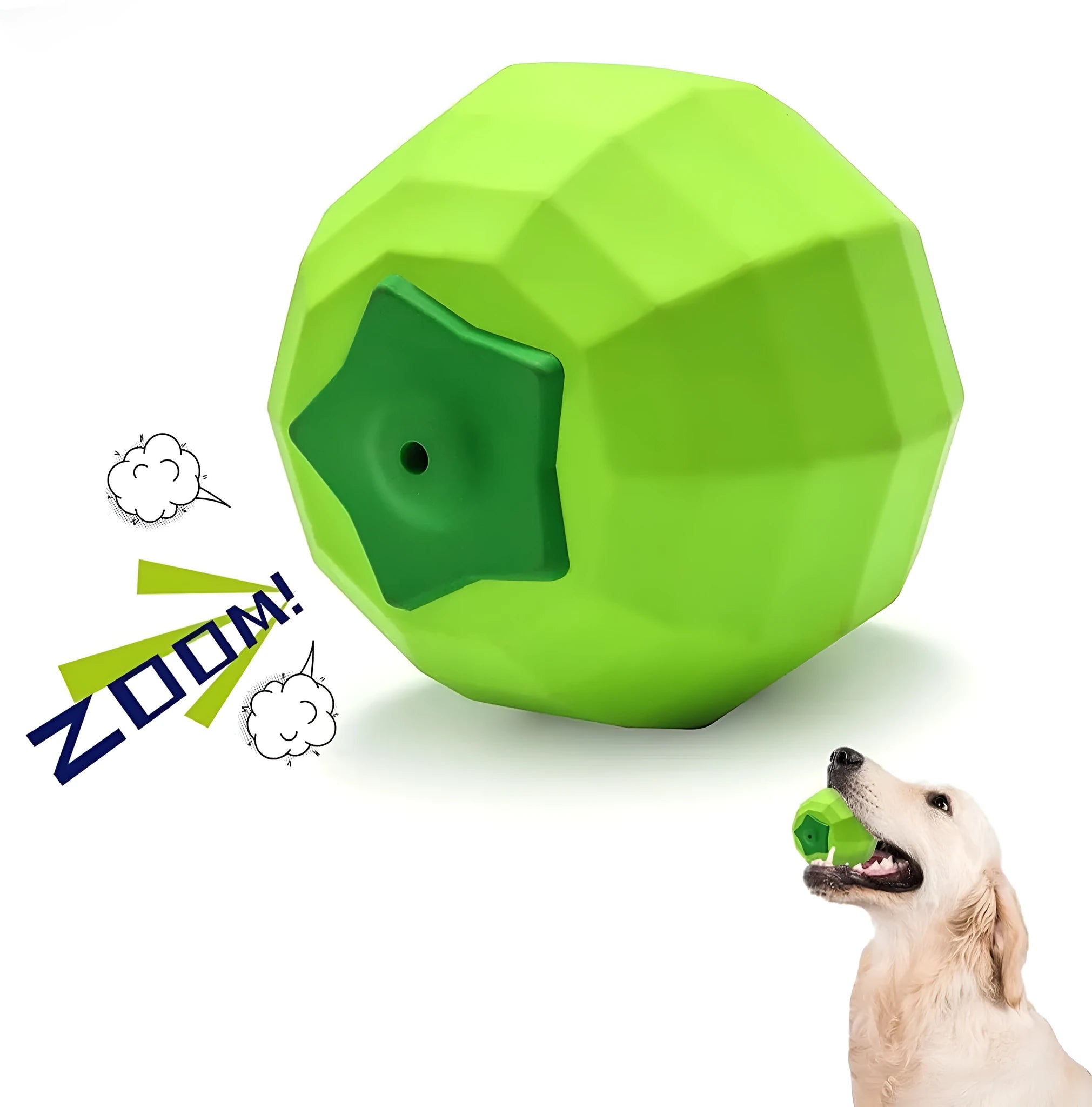 Green natural rubber dog squeaky toy ball for aggressive chewers on a white background.