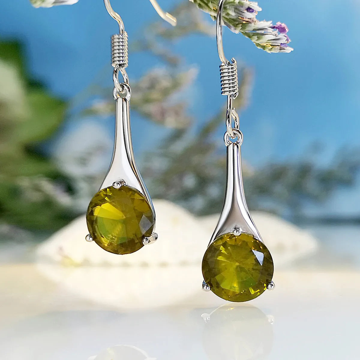 Olive green drop-shaped earrings with retro minimalist design and electroplated alloy construction