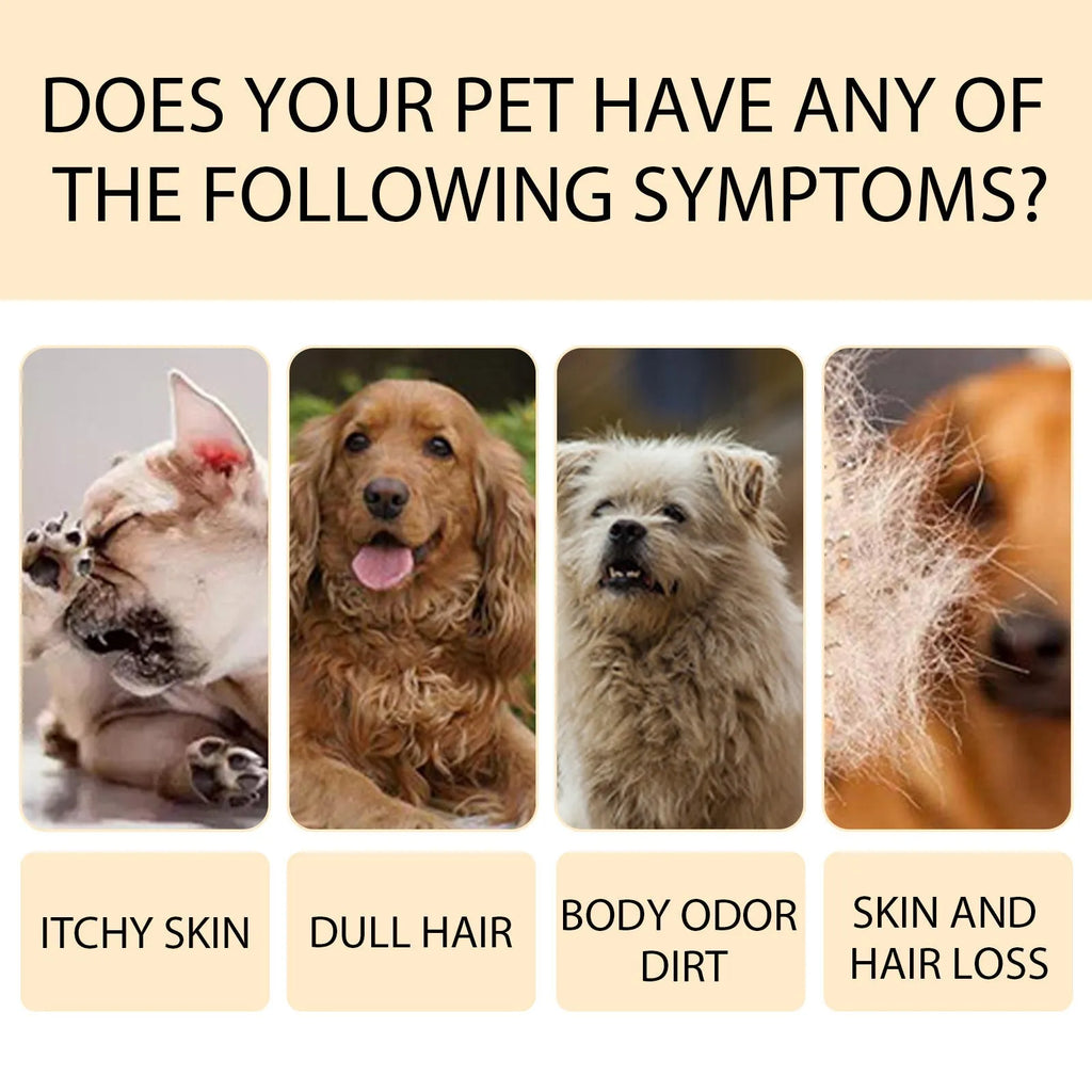 Bottle of mild pet shampoo for dogs and cats in 100ml and 300ml sizes for soft, tangle-free hair.
