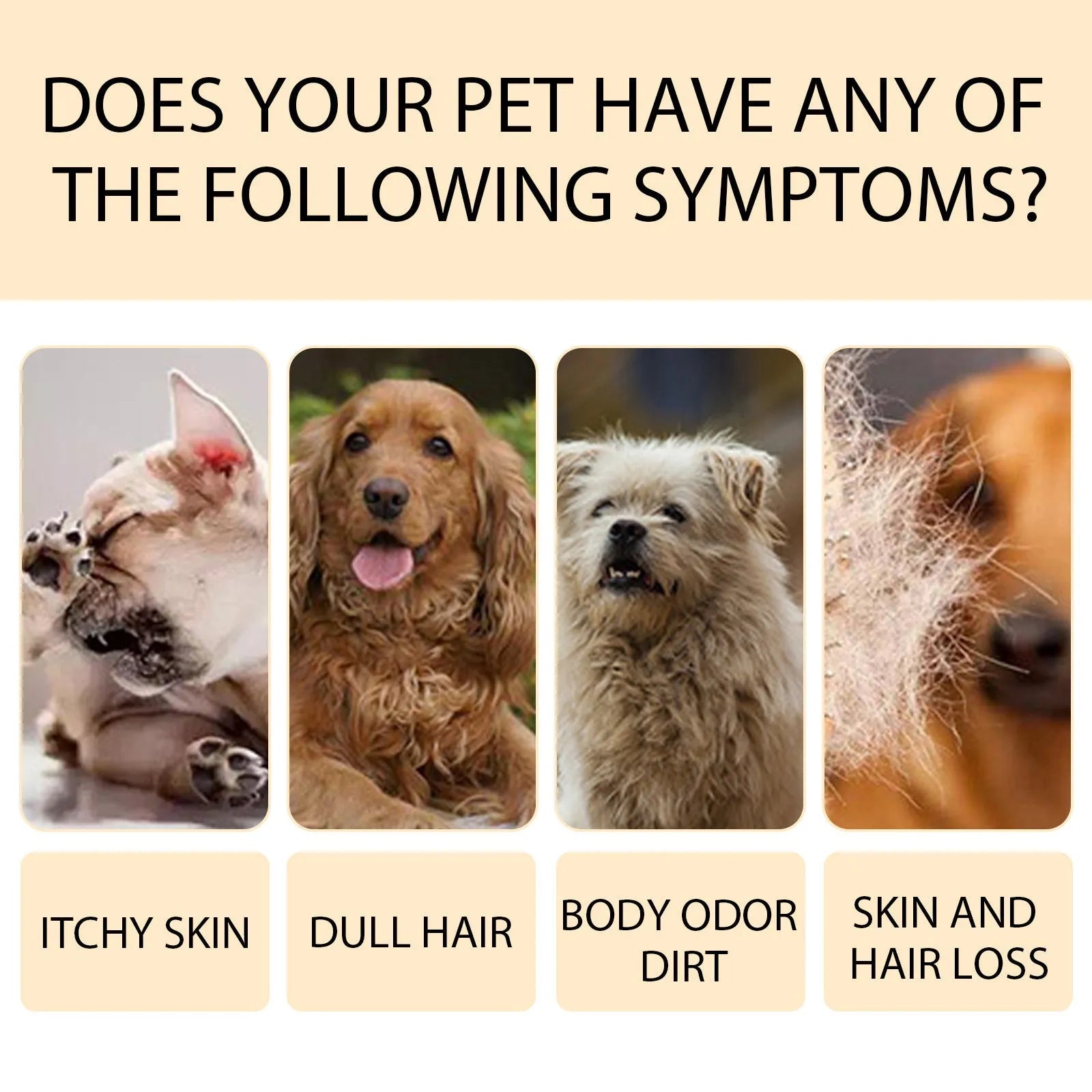Bottle of mild pet shampoo for dogs and cats in 100ml and 300ml sizes for soft, tangle-free hair.