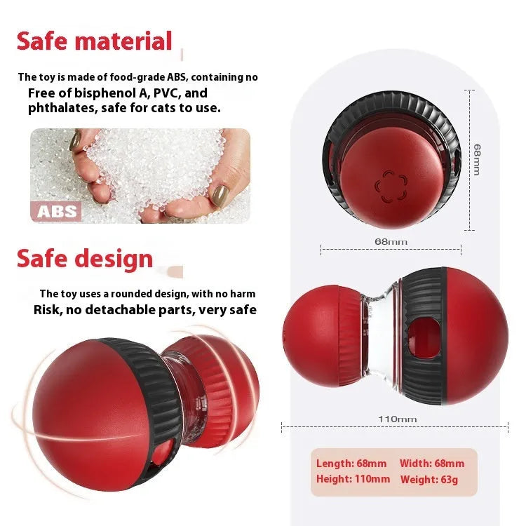 Rotating plastic cat toy with super ball element for treat dispensing and sound play.