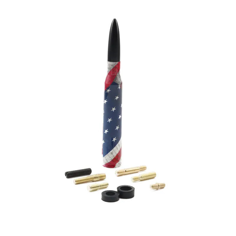 14cm bullet car antenna in camouflage green, American flag, and black colour options for modified vehicles