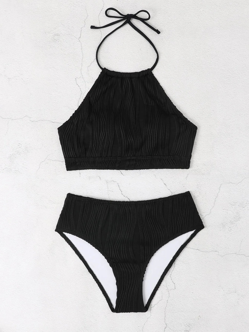 Women's high-waist apron style conservative swimsuit in solid colour.