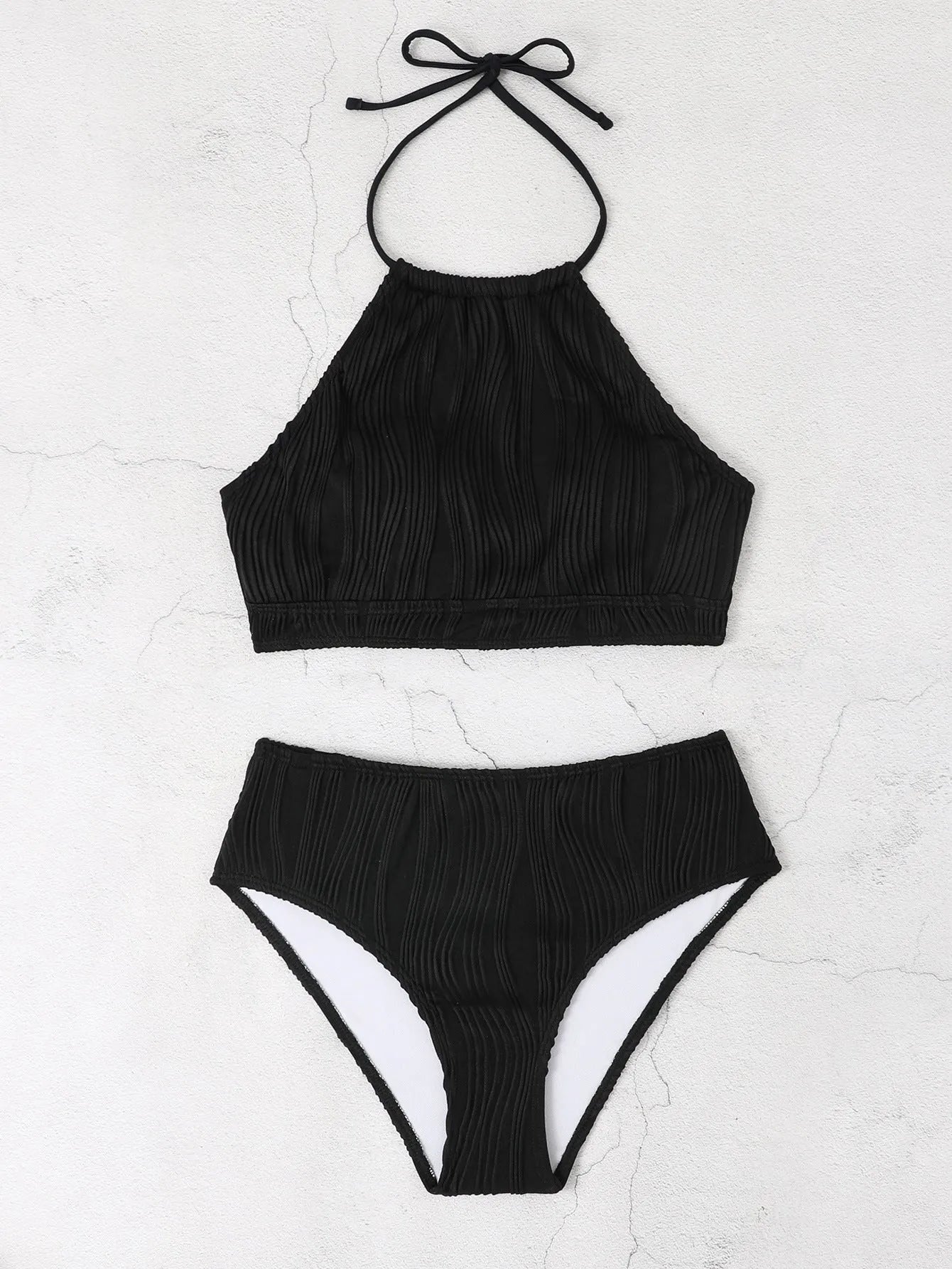 Women's high-waist apron style conservative swimsuit in solid colour.