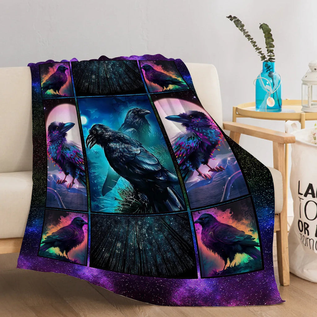 Multicoloured flannel velvet blanket with raven print, three size options, hemmed edges for durability