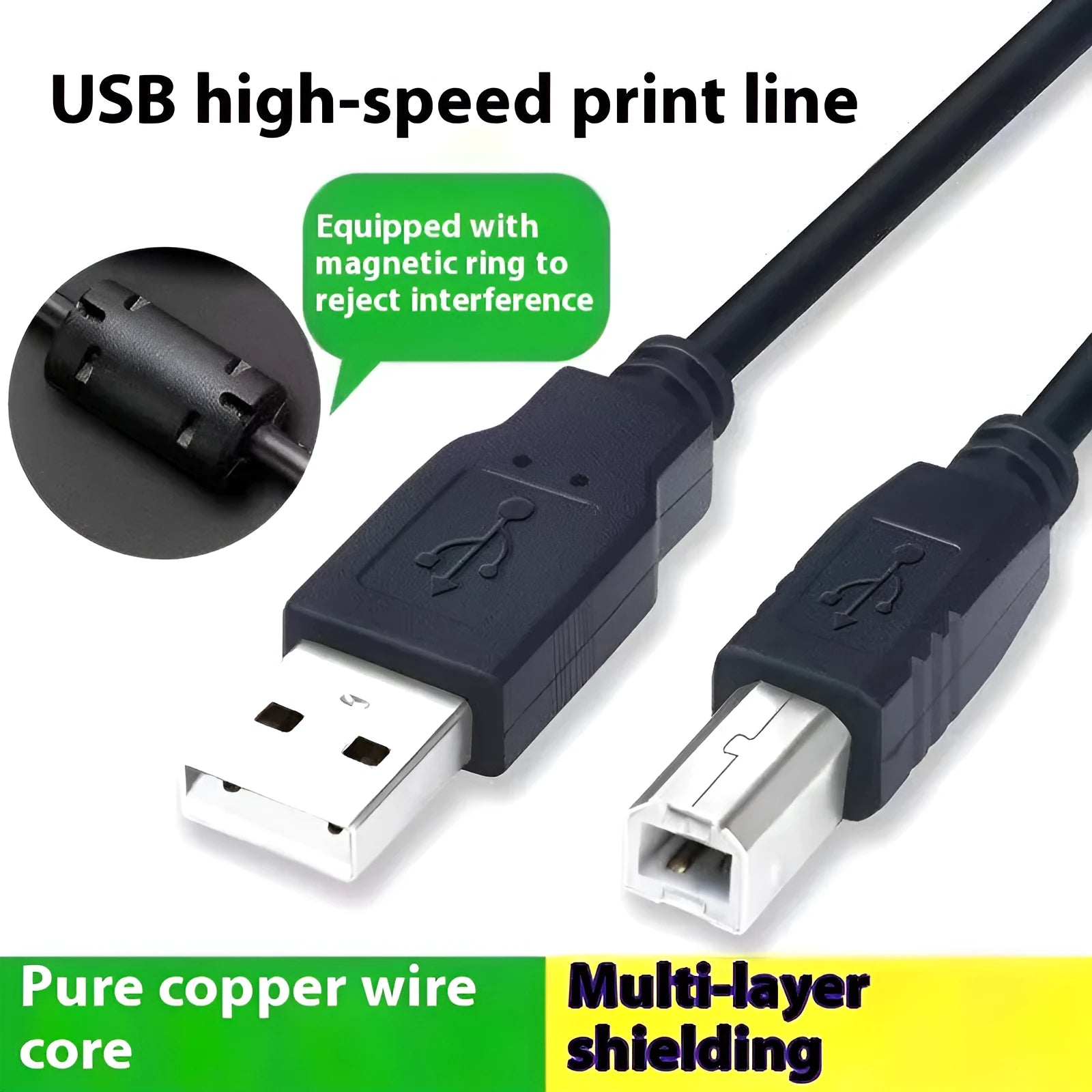 Black USB printer cable with pure copper core and square mouth nickel-plated interface on white background