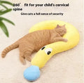 Blue cloth cat sleeping mat with a U-shaped neck pillow in a question mark style.