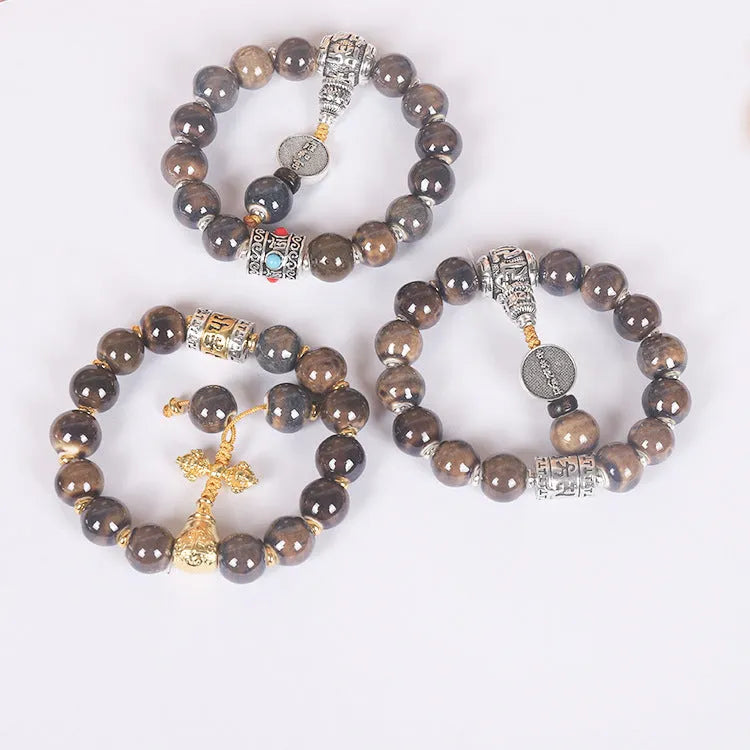 Men's gradient coloured glaze ceramic bracelet with Yonghe blessing charm and polished beads.