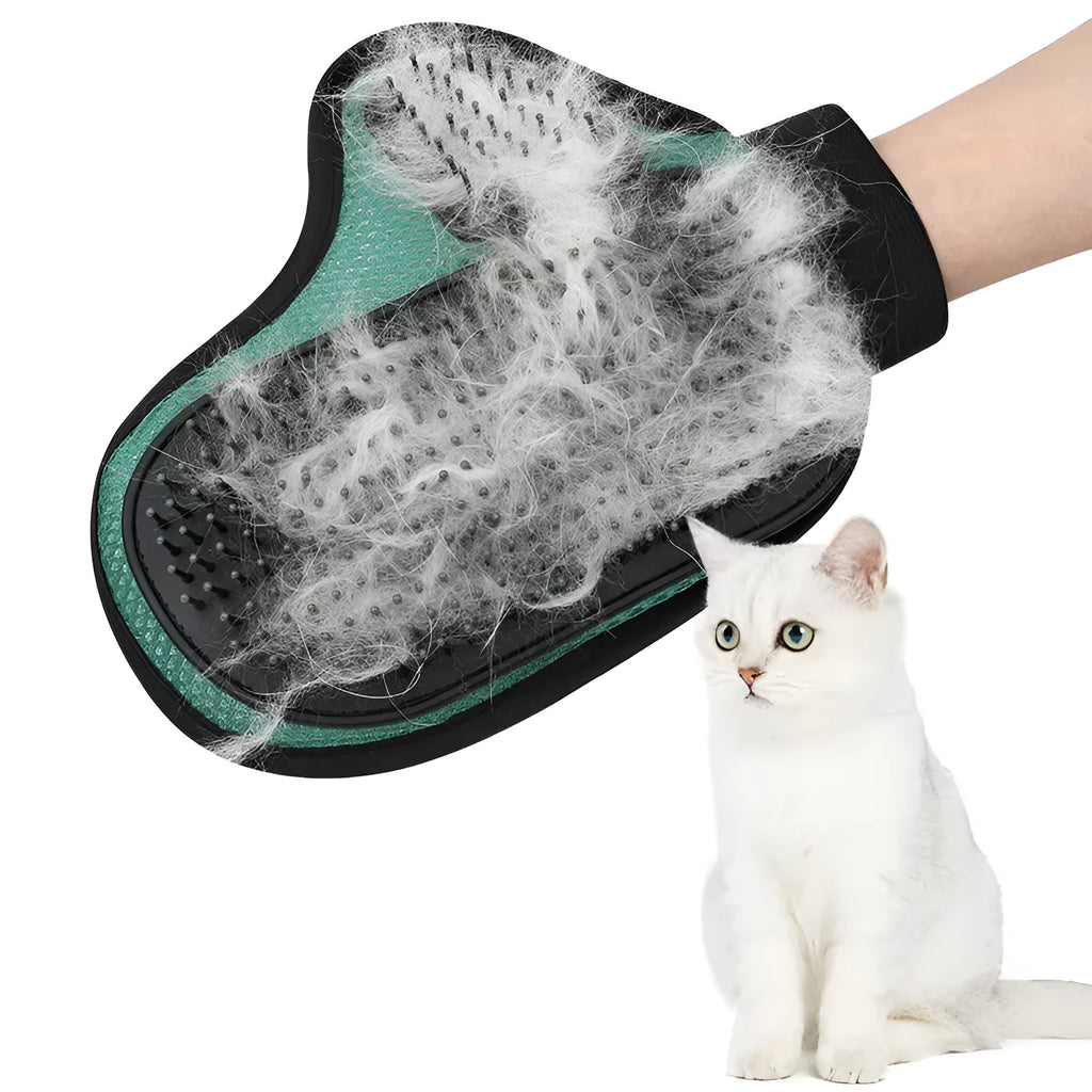 Gray cat hair removal glove with silicone massage tips on hand, adjustable wristband