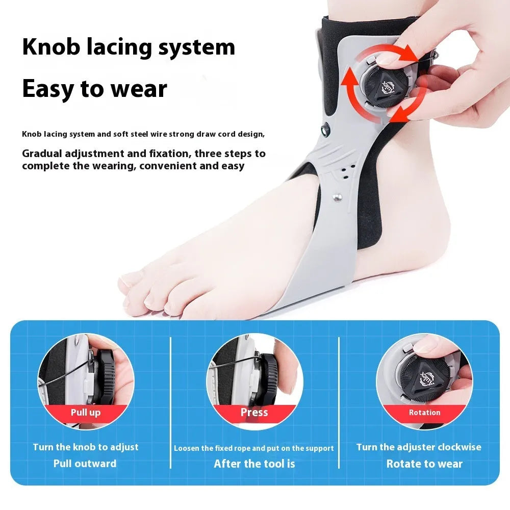 Grey ankle support brace with airbag button mechanism showing left and right size options for foot circumference 31-47 yards