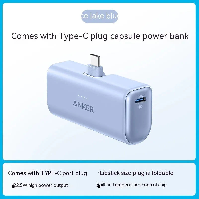 Compact capsule power bank in black white green blue pink colours showing 77x36x25mm size with Type C port
