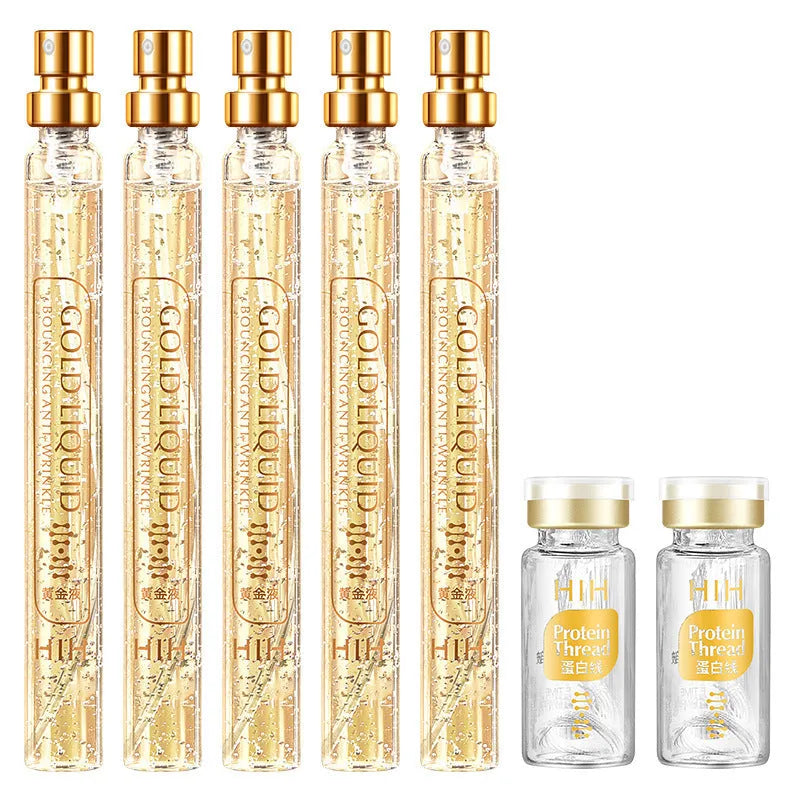 Gold protein peptide kit with 5 x 15ml essence bottles and 20 sticks in two containers