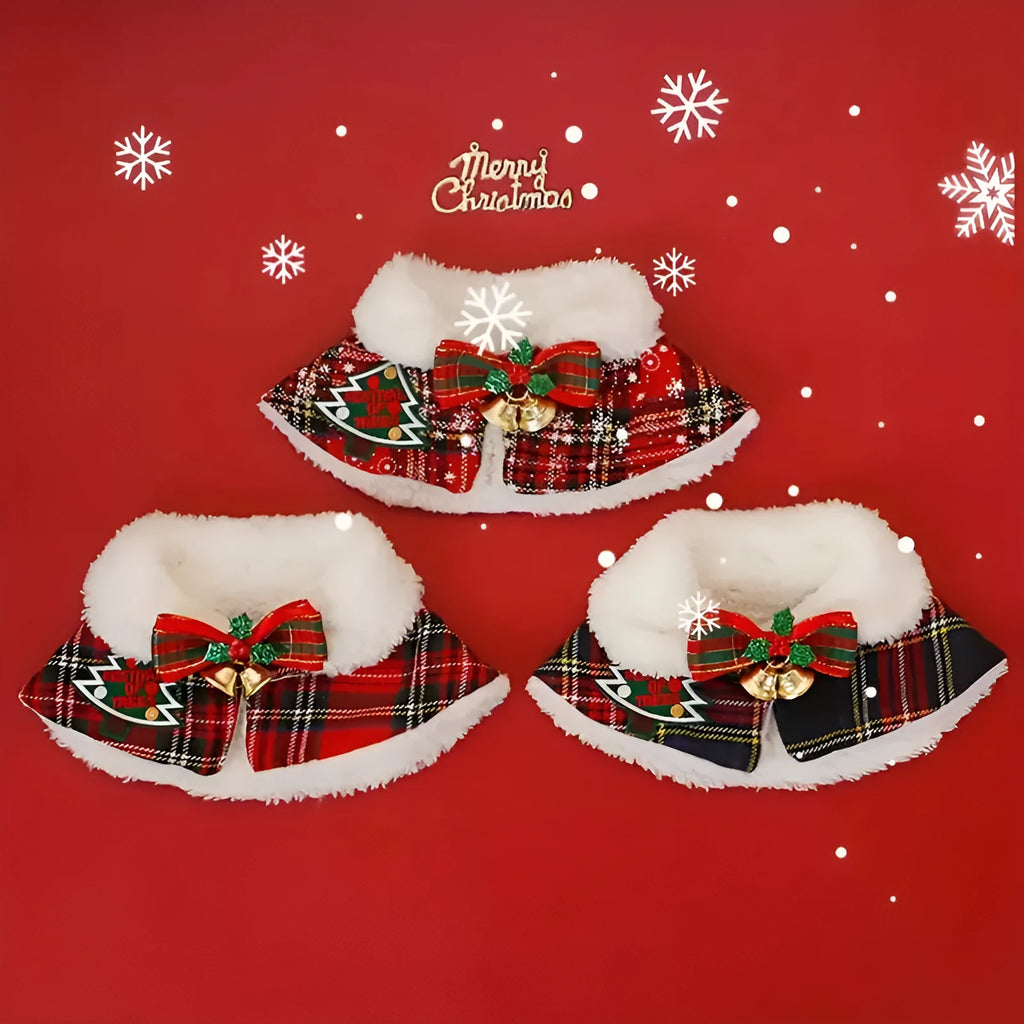 Red festive pet scarf with bell print draped on a dog's neck for winter and Christmas.