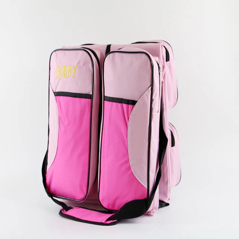 Baby portable travel bed mummy bag in 300D Oxford cloth, foldable design, shown in pink, red, dark blue, gray coffee, beige, gray blue, or coffee.