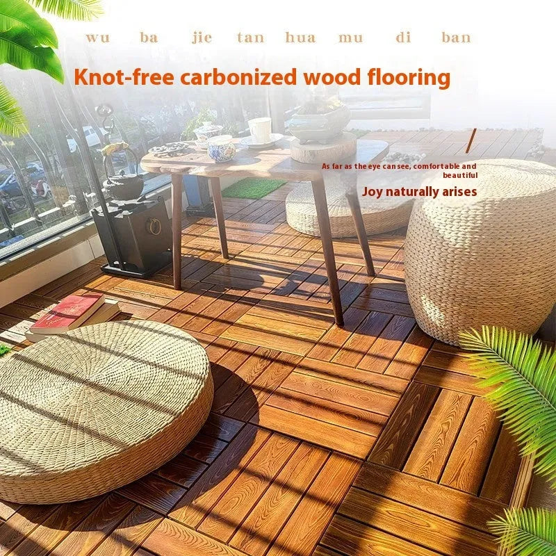 Four square camphor pine wood flooring tiles with a brushed finish, each measuring 30cm by 30cm.