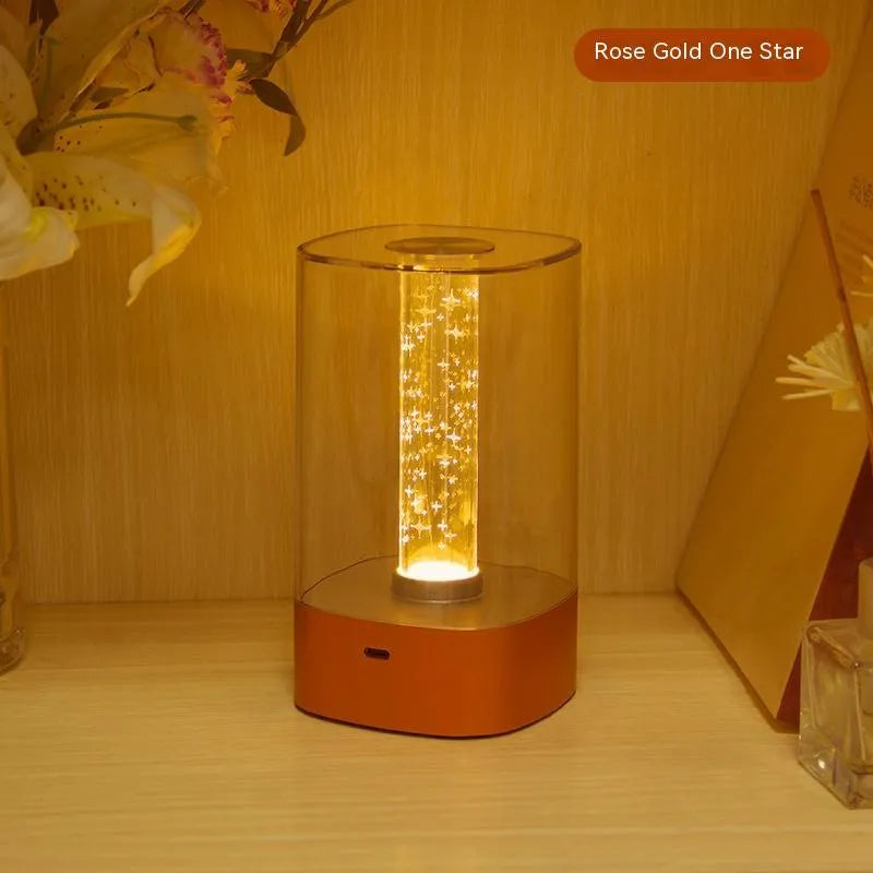 USB rechargeable LED touch atmosphere lamp in rose gold finish with abstract patterned shade