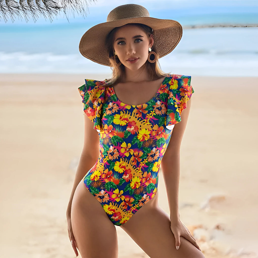 Women's one-piece swimsuit with U-shaped neckline and lace detailing, sleeveless design in polyester fabric.