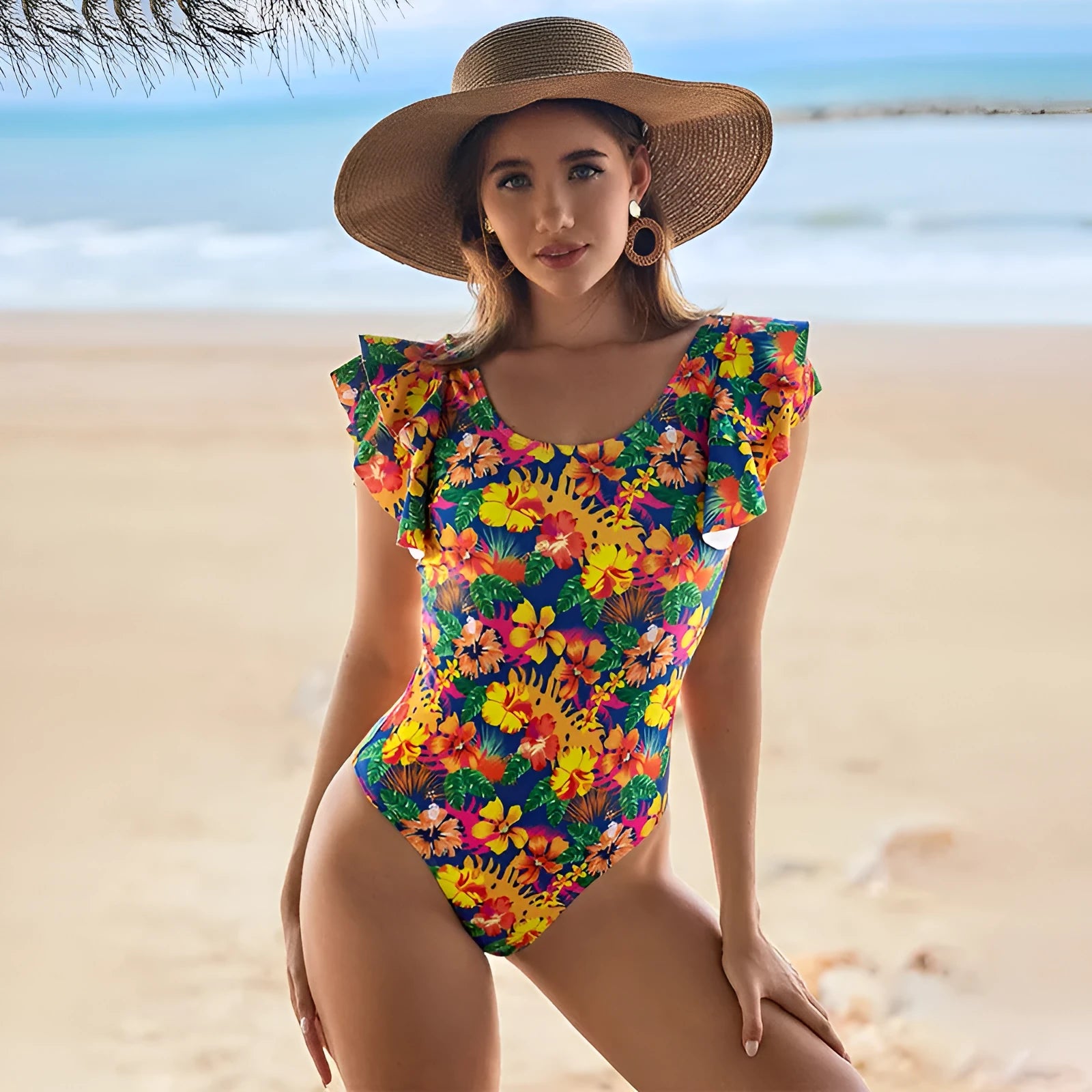 Women's one-piece swimsuit with U-shaped neckline and lace detailing, sleeveless design in polyester fabric.