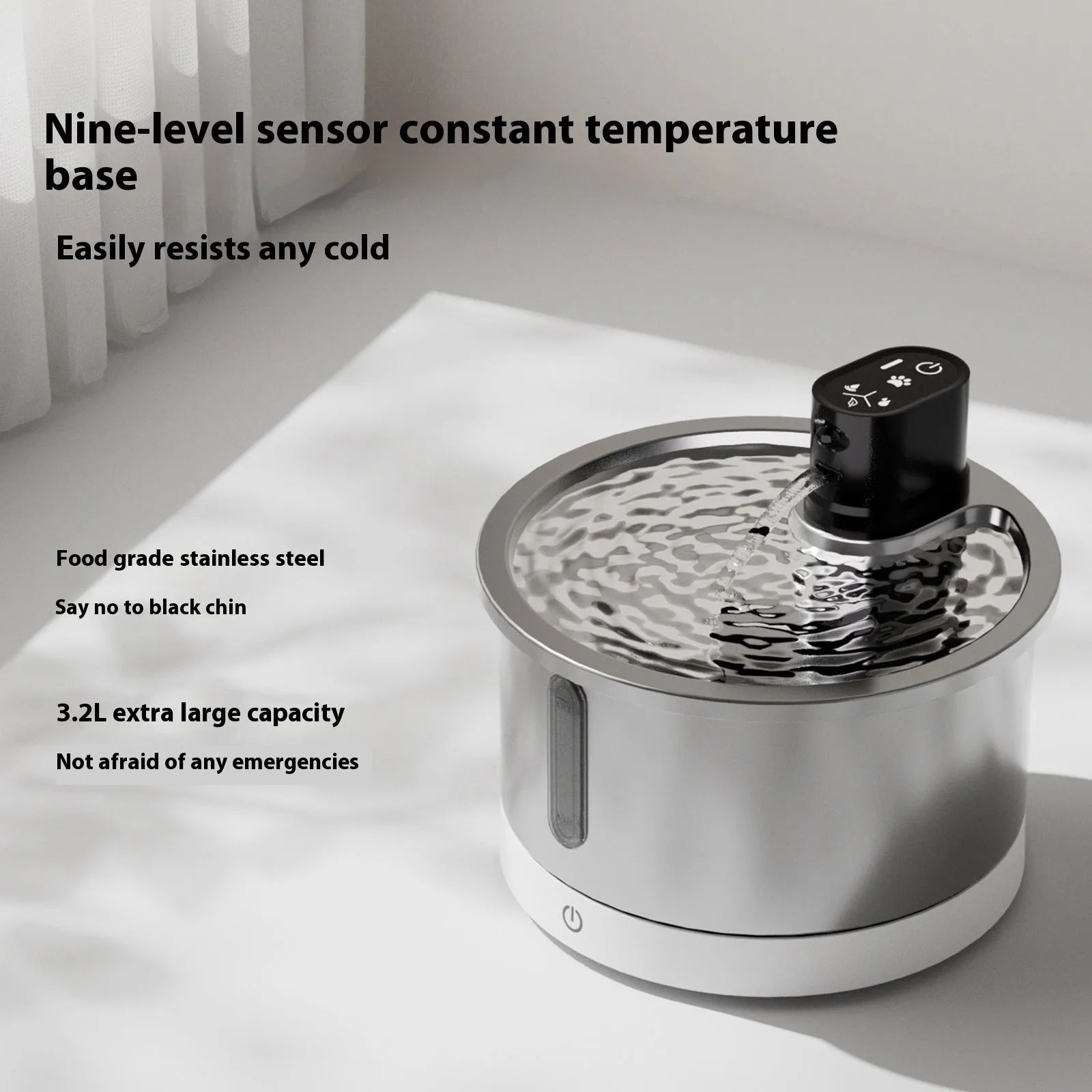 Stainless steel pet water fountain with heating base in black or white colour