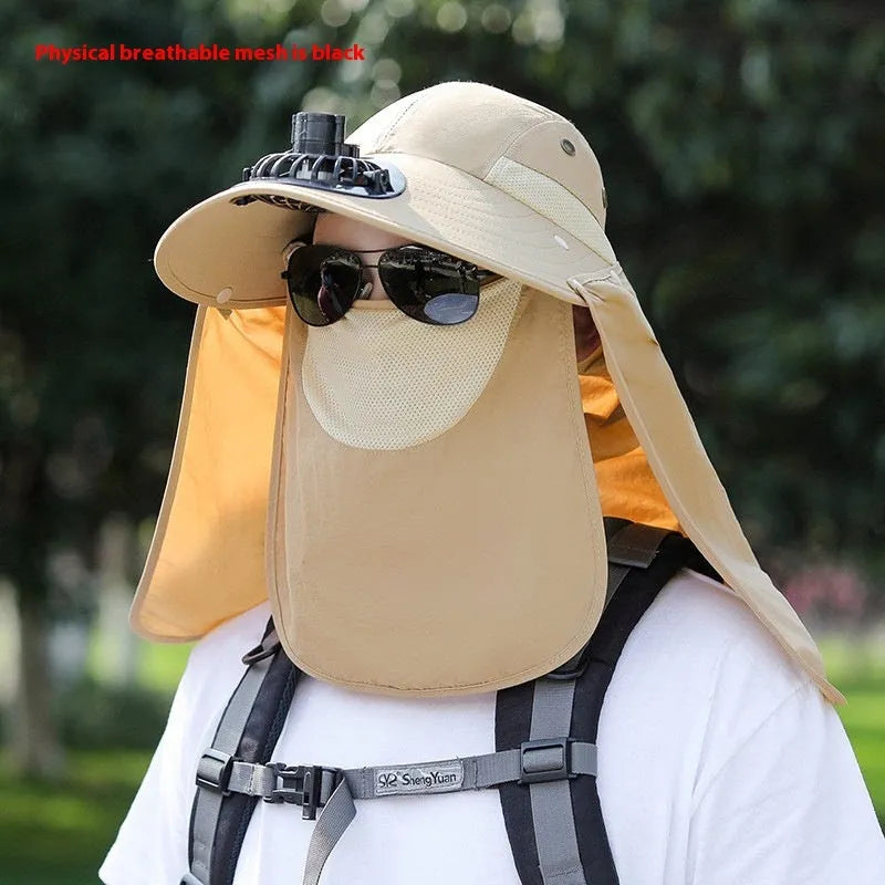 Men's navy blue sun protection hat with USB rechargeable fan and face covering shawl for fishing and outdoor activities