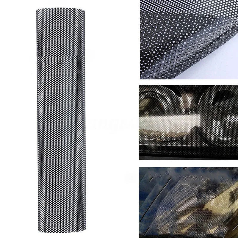 Perforated mesh automotive vinyl wrap film sheet measuring 30 by 106 centimetres.