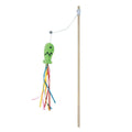Blue handled cat teaser wand with colourful ribbons, a bell, and a catnip fish dangling from an elastic rope