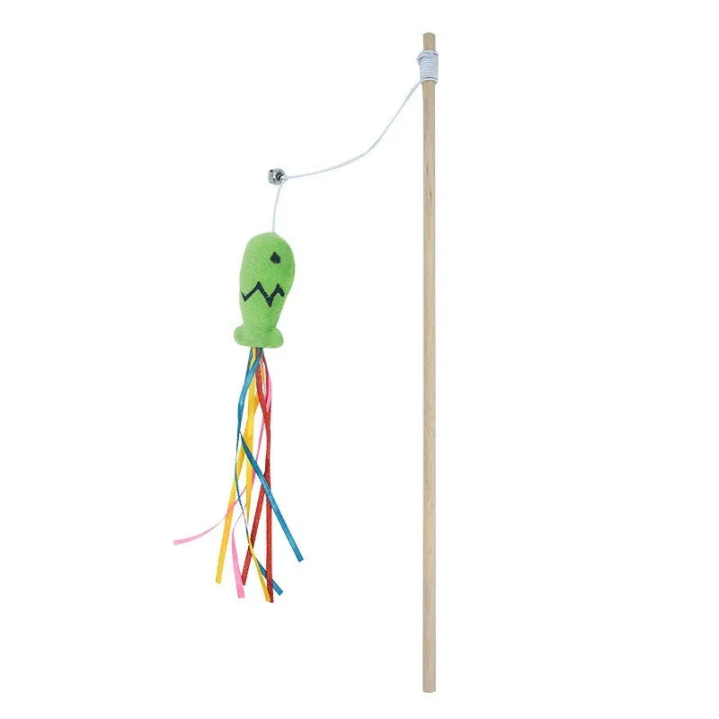 Blue handled cat teaser wand with colourful ribbons, a bell, and a catnip fish dangling from an elastic rope