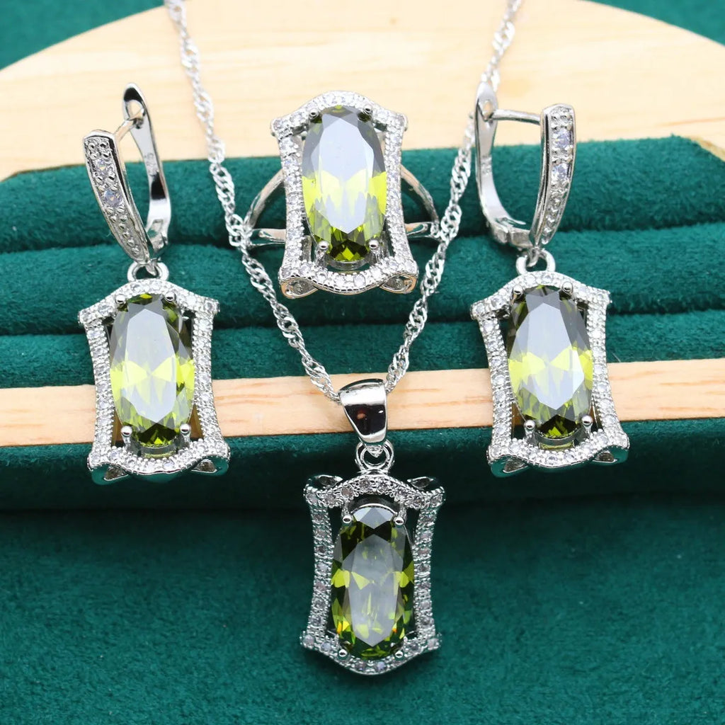 Women's anti-allergy zircon jewellery set with alloy necklace, earrings, ring, and bracelet in olive colour