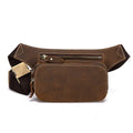 Brown cowhide leather men's sports waist bag with a pull-closure.