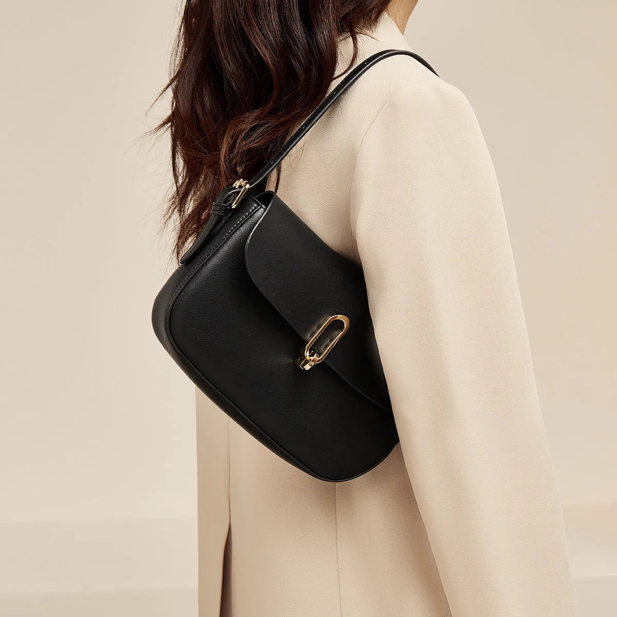Men's black square shoulder messenger bag made from genuine cowhide leather with lock hardware