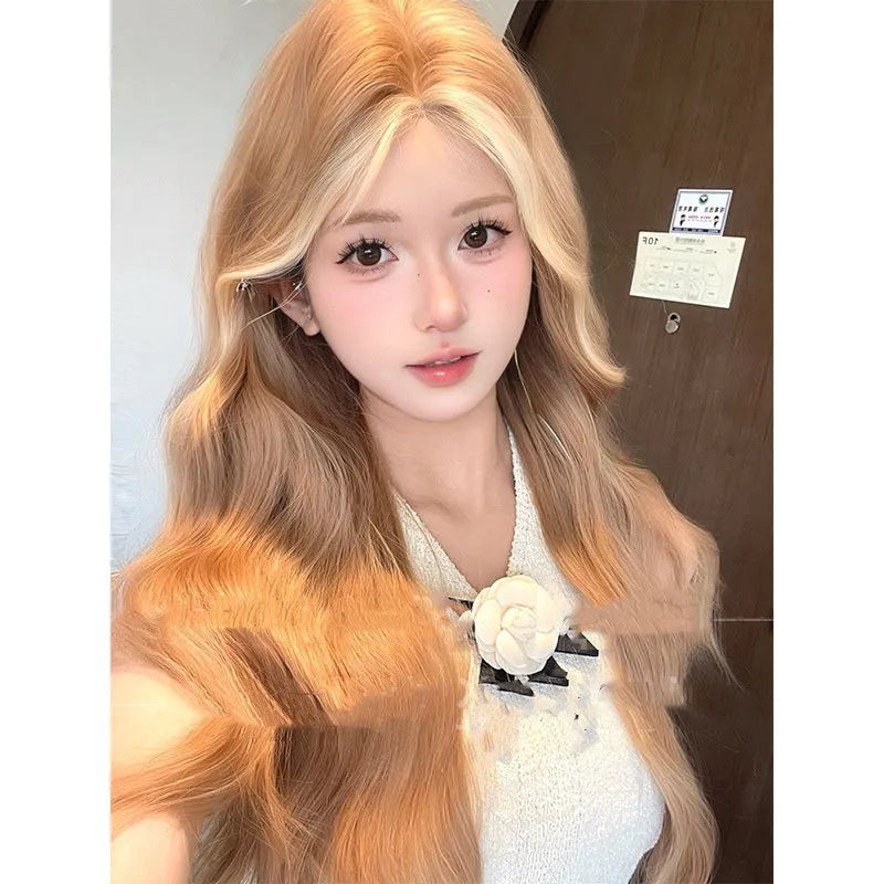 Ladies lace front long curly wig in American highlight gold colour