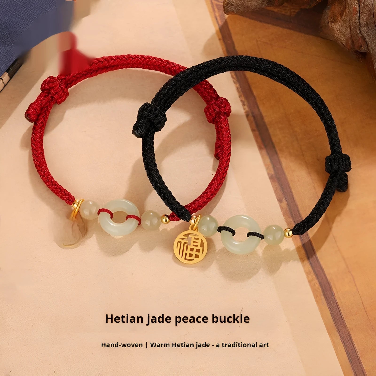 Silver metal Hetian Jade peace buckle bracelet with geometric design in black or wine red colour