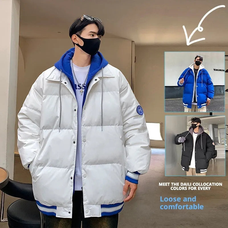 New white duck down thickened warm couple coat in white with polyester shell and connecting casing design