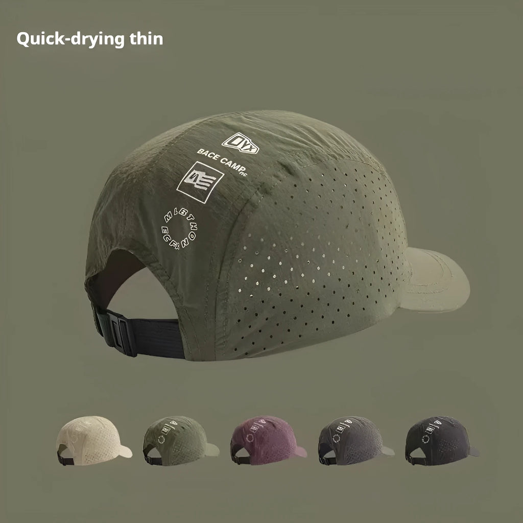 Men's adjustable baseball cap in acrylic mesh fabric shown in black, suitable for summer sun protection.