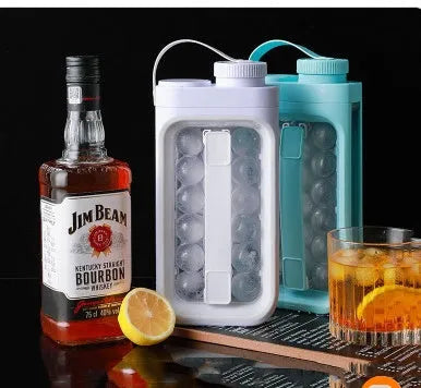 Light blue and white 2-in-1 ice ball tray and portable cold water bottle kitchen gadget.