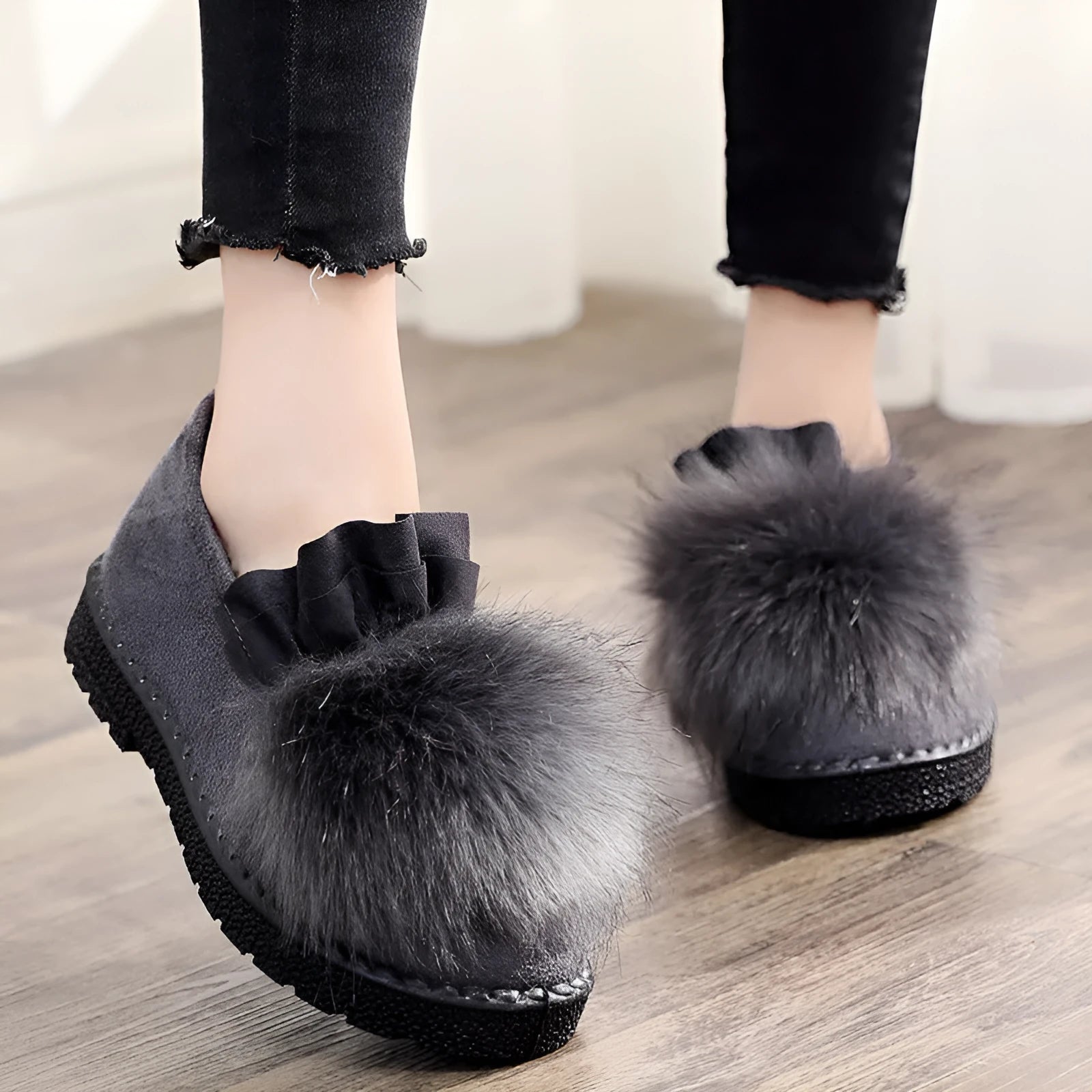 Women's cotton fleece winter beanie slippers, high top, round toe, rubber sole, available in black and grey