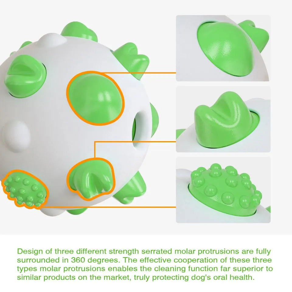 Blue, green, and yellow dog teething chew ball with serrated bumps and hollow centre.