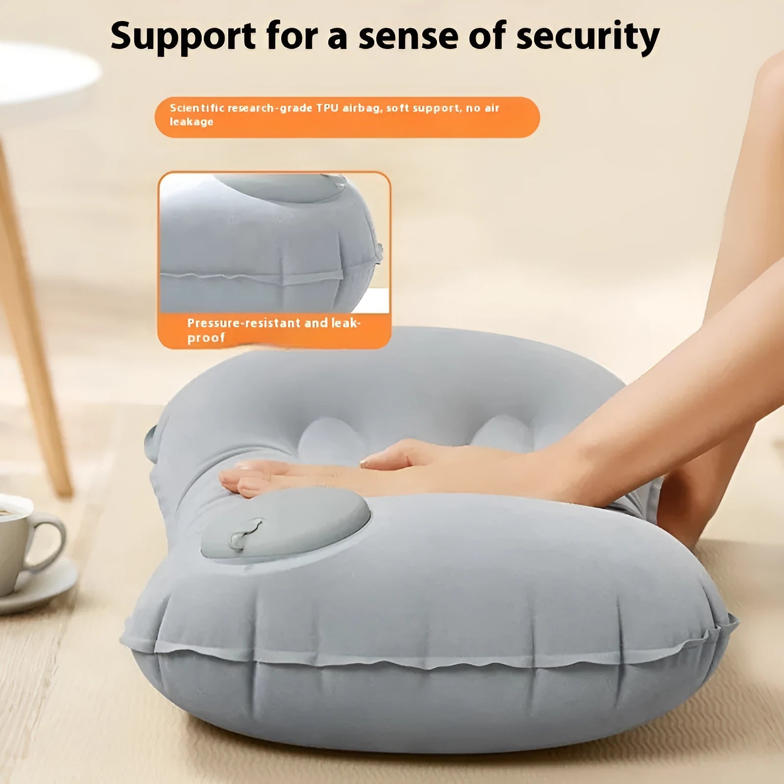 Portable inflatable travel pillow in grey colour showing 45x30x13cm thickening size and modern design