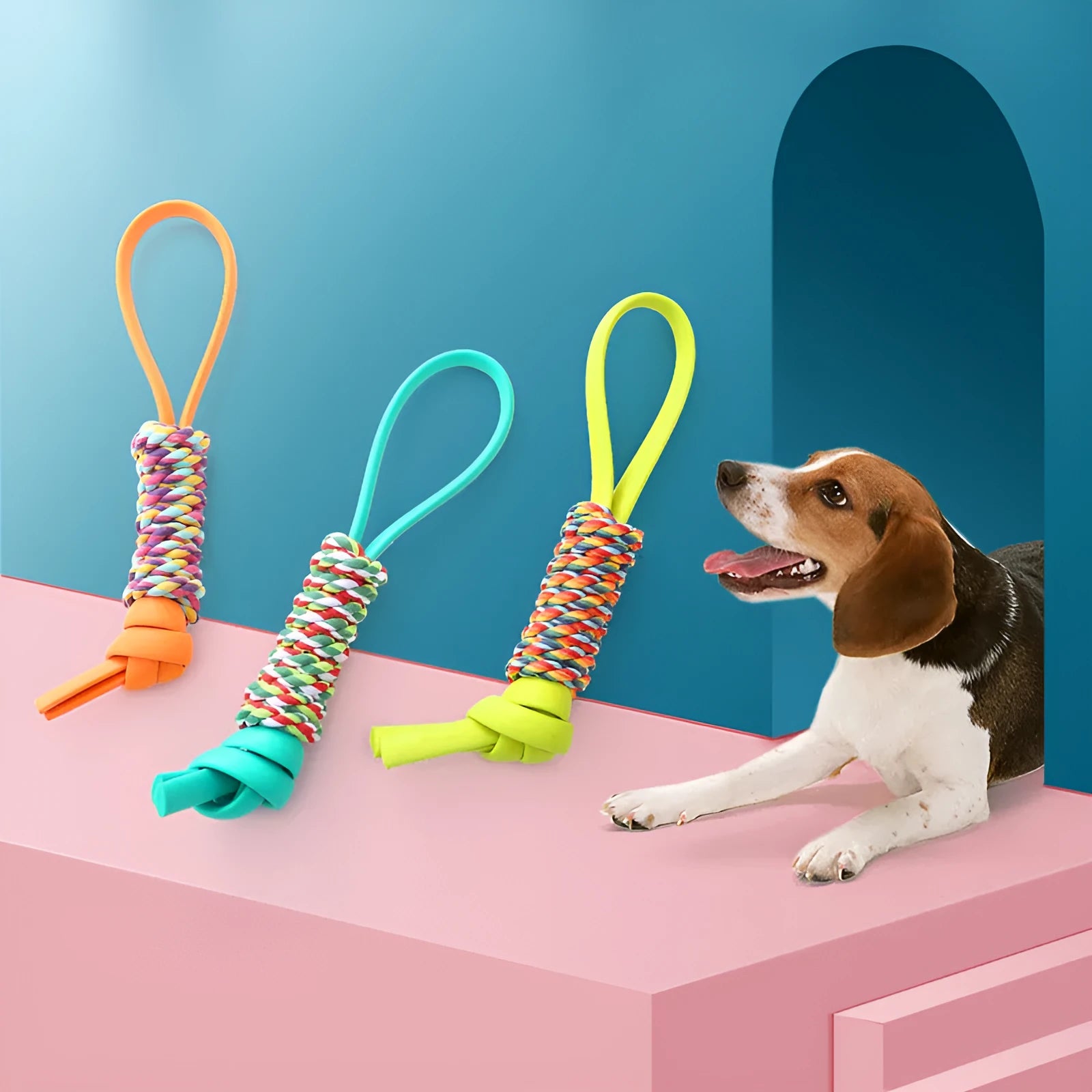 TPR dog chew toy in orange, blue, and green colours for bite-resistant teeth cleaning