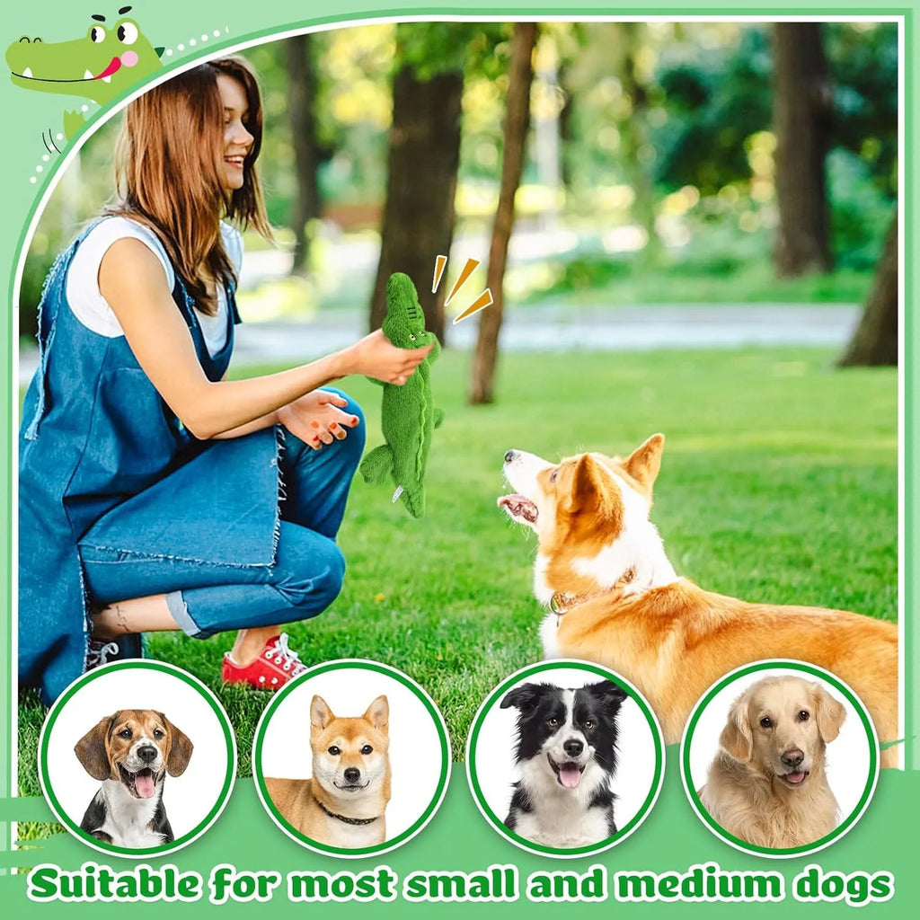 Green crocodile-shaped plush dog chew toy with no stuffing, shown with squeaker and crinkle features.