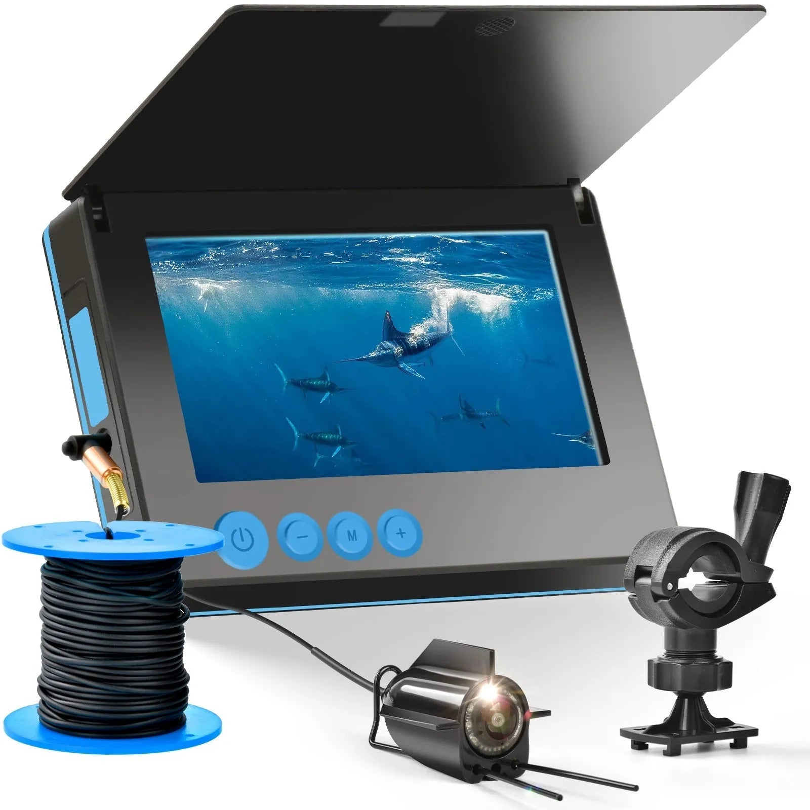Portable fish finder underwater camera with a 4.3-inch screen, showing the camera unit with night vision LEDs.