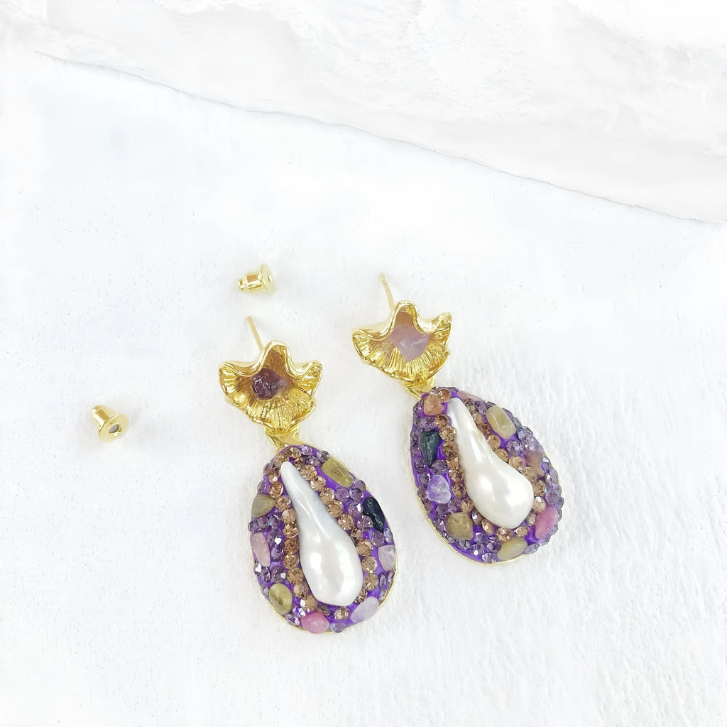 Purple pearl and crystal teardrop lotus leaf drop earrings for women with inlaid diamond detail